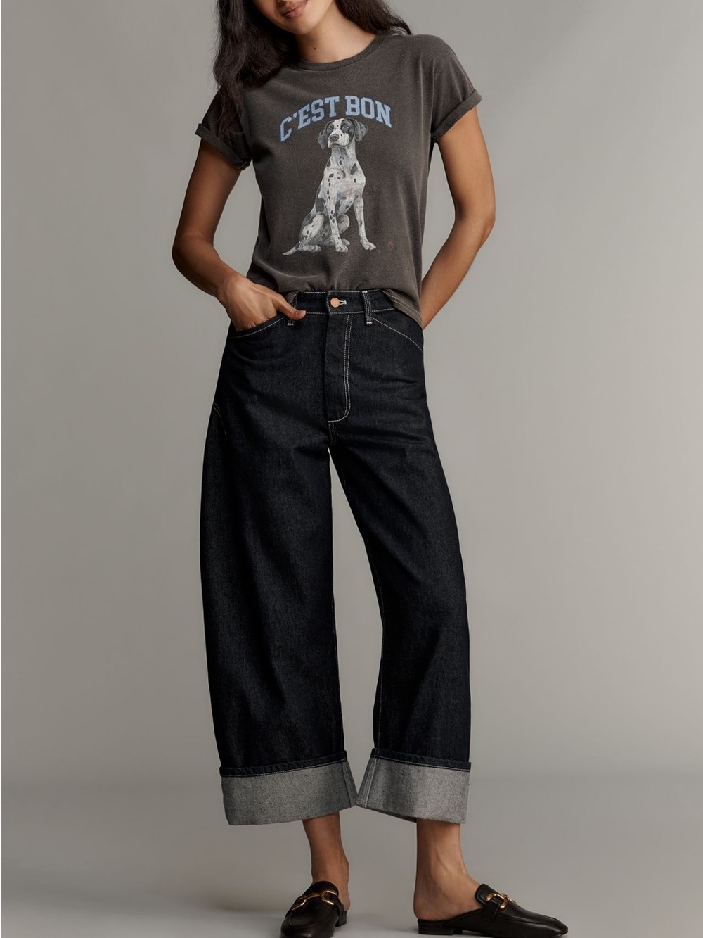 By Anthropologie Dog graphic tee C'EST BON Graphic Short Sleeve Tee in Charcoal